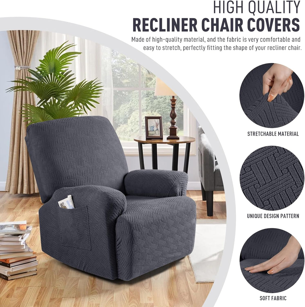 Recliner Covers, Stretch Reclining Chair Covers, Recliner Sofa Slipcovers Stripe Jacquard Recliner Couch Covers Furniture Protector Covers for Pet Kid (1 Seater, Deep Gray)