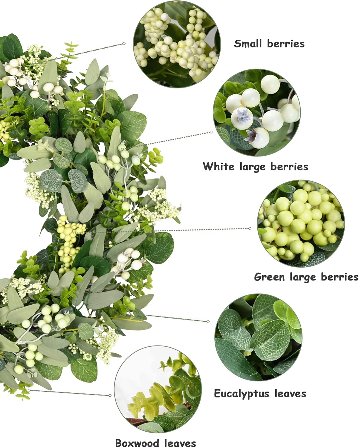 Green Eucalyptus Leaves Front Door Wreath,  24 Inch Artificial Spring Summer Greenery Wreath Front Door Decoration Boxwood with Big Berries Farmhouse Outdoor Year-Round - Indoor/Outdoor