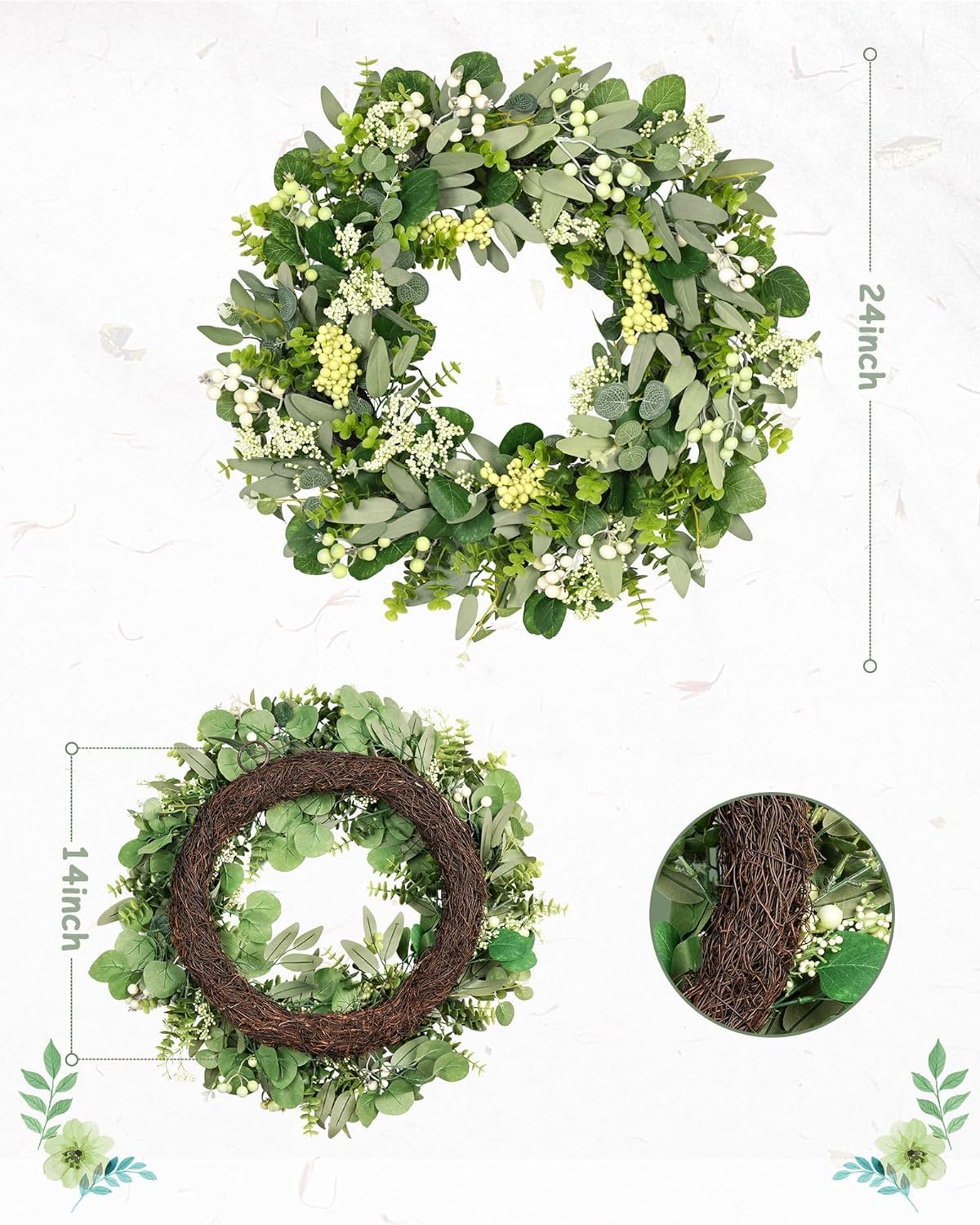 Green Eucalyptus Leaves Front Door Wreath,  24 Inch Artificial Spring Summer Greenery Wreath Front Door Decoration Boxwood with Big Berries Farmhouse Outdoor Year-Round - Indoor/Outdoor