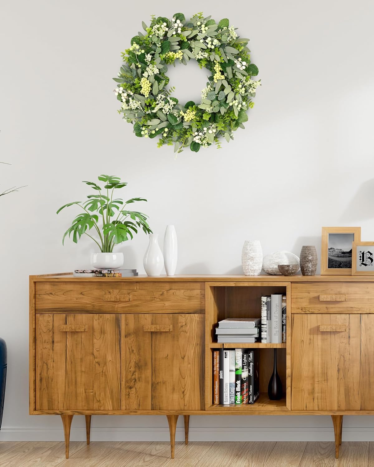 Green Eucalyptus Leaves Front Door Wreath,  24 Inch Artificial Spring Summer Greenery Wreath Front Door Decoration Boxwood with Big Berries Farmhouse Outdoor Year-Round - Indoor/Outdoor
