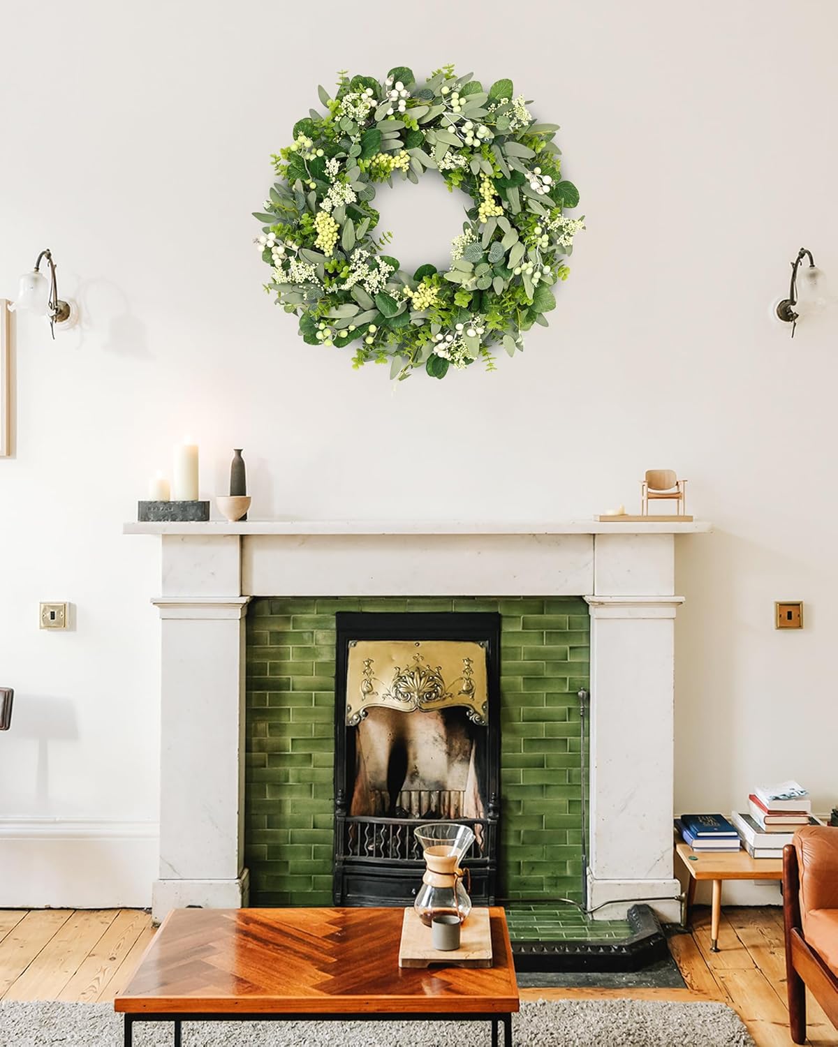 Green Eucalyptus Leaves Front Door Wreath,  24 Inch Artificial Spring Summer Greenery Wreath Front Door Decoration Boxwood with Big Berries Farmhouse Outdoor Year-Round - Indoor/Outdoor