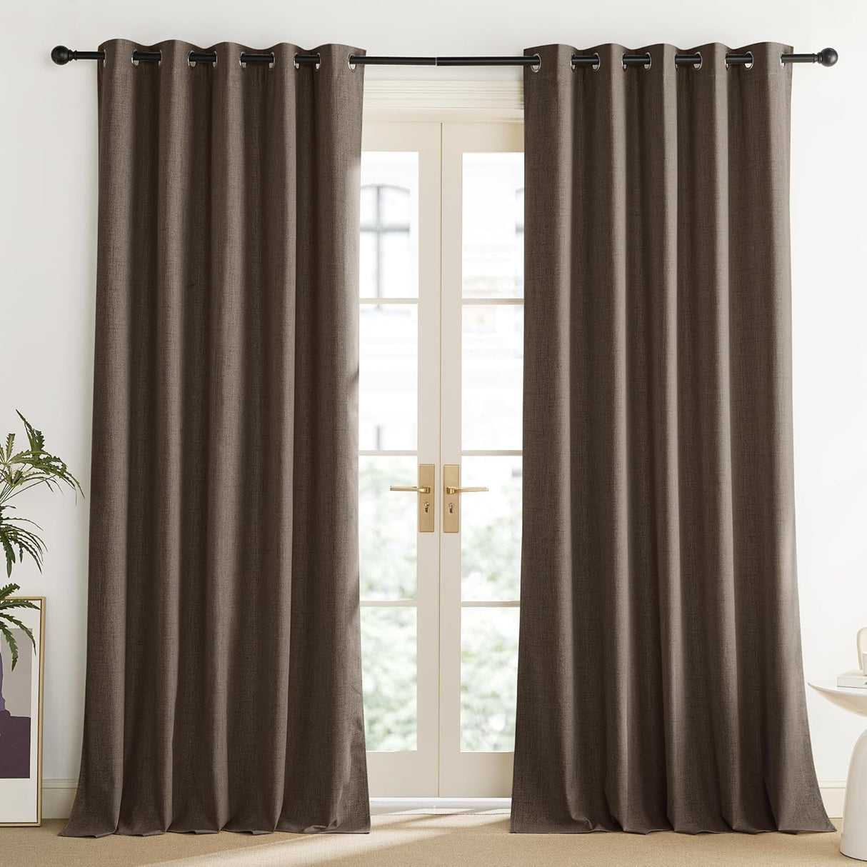 Coffee Vintage Linen 100% Blackout Curtains for Living Room, Thermal Insulated Curtains 95“ Long, Noise Reducing Window Treatment Drapes for Home Office, 62" Wide Per Panel, Set of 2