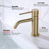 Brushed Gold Bathroom Faucet, Single Handle Brass Sink Faucet Bathroom Single Hole with Pop Up Sink Drain Assembly and Water Faucet Supply Lines - Front View