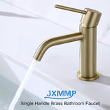 Brushed Gold Bathroom Faucet, Single Handle Brass Sink Faucet Bathroom Single Hole with Pop Up Sink Drain Assembly and Water Faucet Supply Lines - Rear View