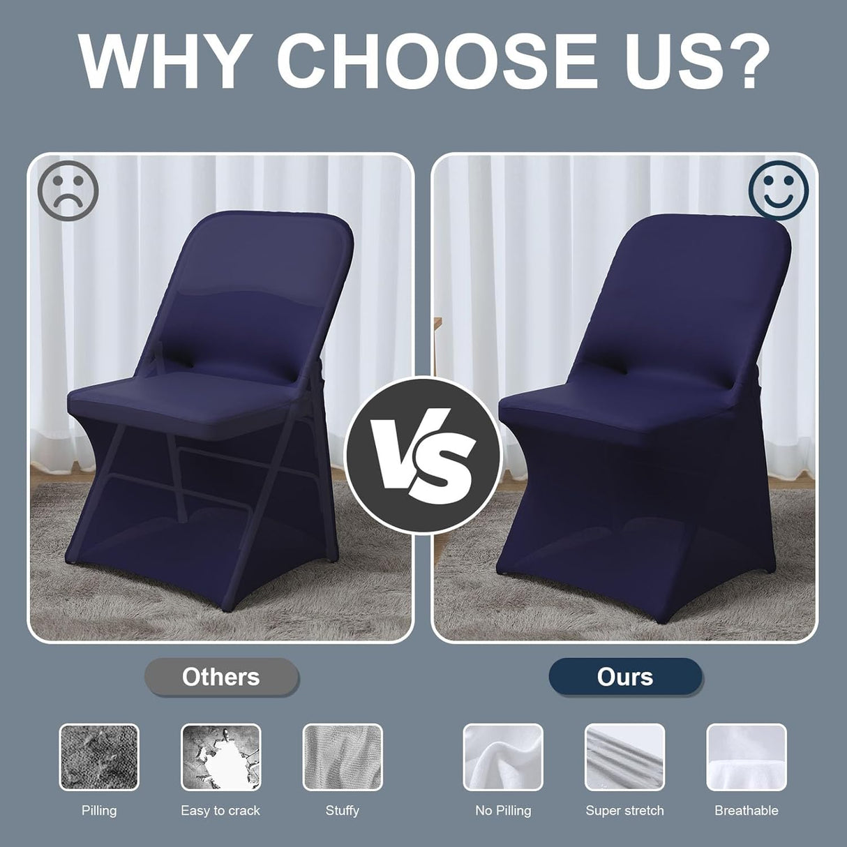 Spandex Folding Chair Covers 100 Pcs Universal Fitted Stretchy Dining Chair Slipcovers for Wedding Party Banquet Flat-Front Chair Cover (Navy Blue)