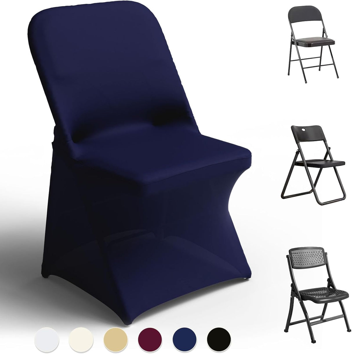 Spandex Folding Chair Covers 100 Pcs Universal Fitted Stretchy Dining Chair Slipcovers for Wedding Party Banquet Flat-Front Chair Cover (Navy Blue)
