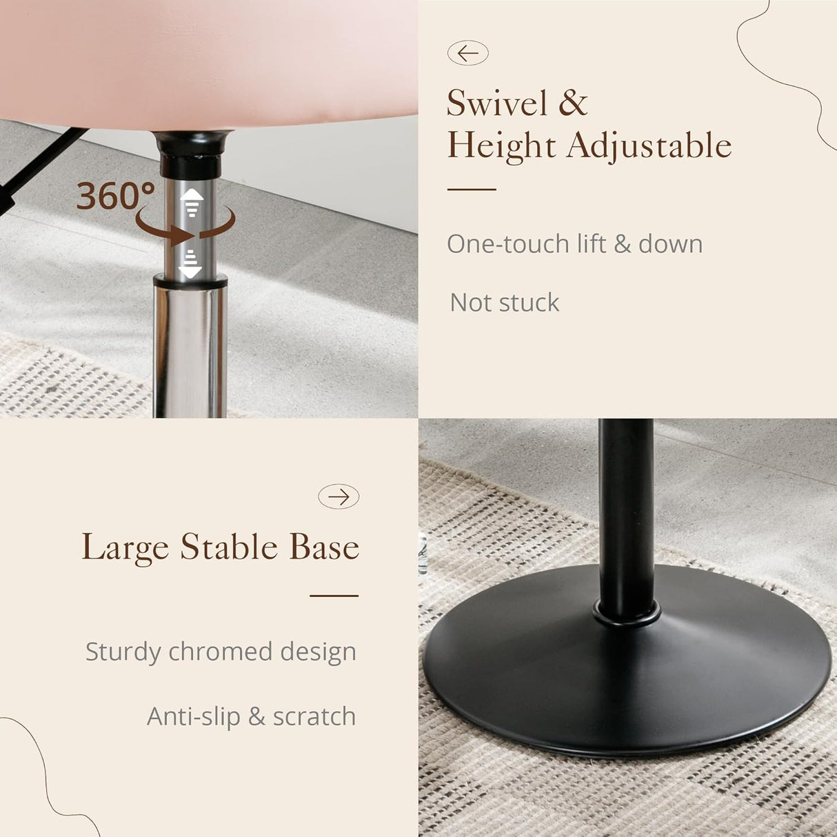 Adjustable Vanity Stool, 360°Swivel Vanity Chair for Makeup Room, Pink Stool Chair for Vanity, Small Faux Leather Vanity Stools for Bathroom, Living Room