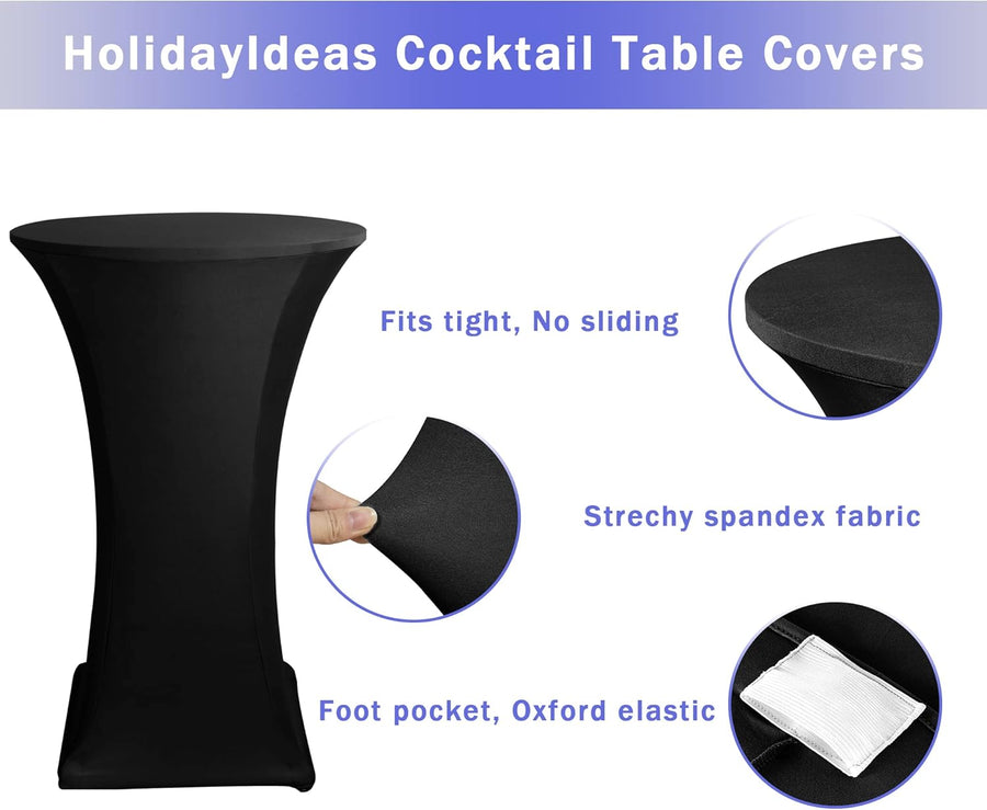 Cocktail Table Covers, 2 Pack - Fitted Stretch Spandex Square Corners Cocktail Tablecloths,High Top Table Cloths (Black, Fit for 30"-32" Diameter x 43" Height Tables)