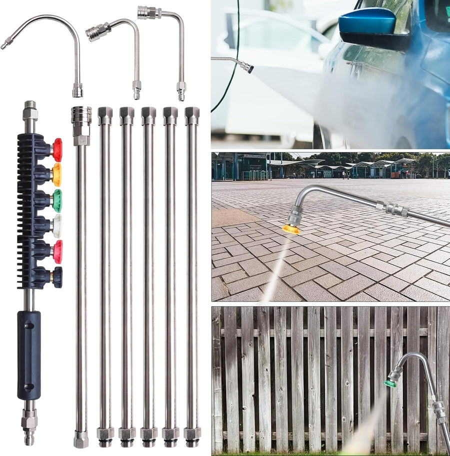Pressure Washer Extension Wand, 10 Pack Power Washer Lance with 6 Atomization Nozzle Tips,1 Gutter Cleaner Attachment Curved Rod, 1/4" Quick Connect, 4000 PSI