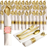 400 Pieces Gold Silverware Set for 100 Guests - Premium Pre Rolled Disposable Plastic Silverware Set with Napkins - Wrapped Utensils with Forks, Knives, Spoons, Napkins for Weddings and Events