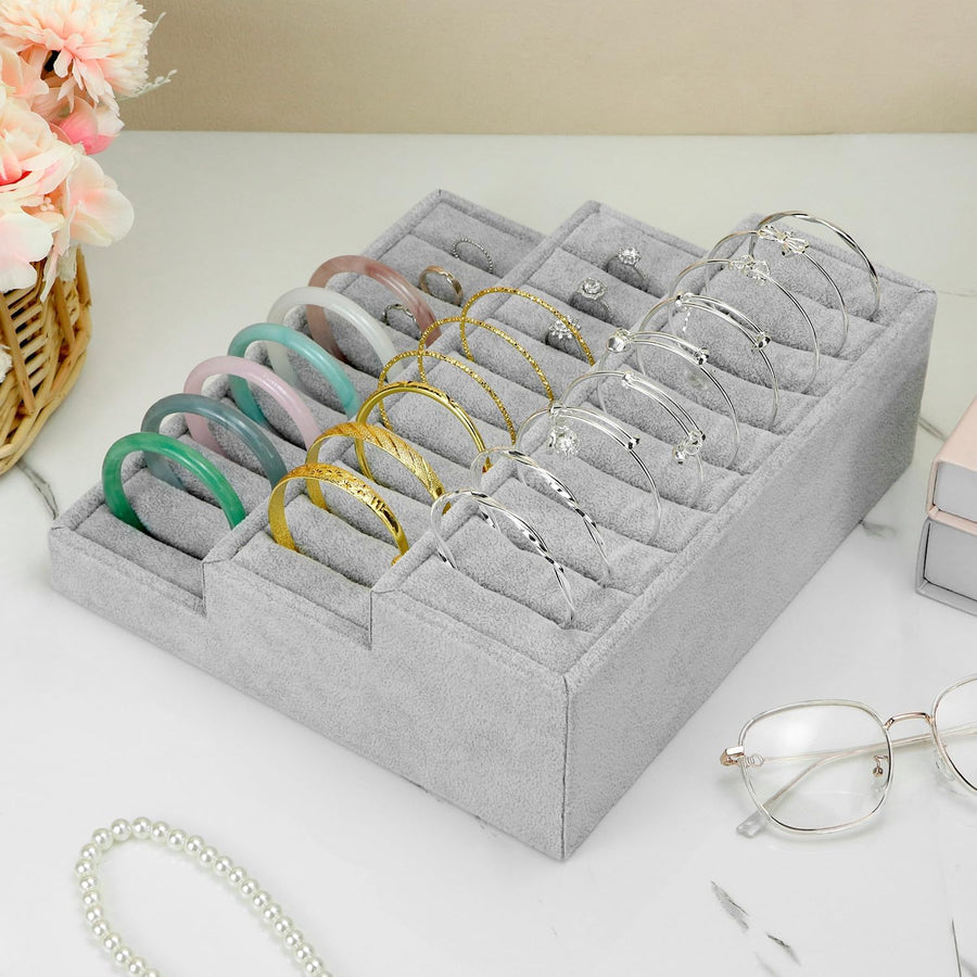 Bangle Display Tray - 27 Slot Showcase Organizer for Bangles, 10.43" x 9.45" x 3.54", 3 -Tier Bangle Organizer Display Bracelets Tray Holder with Velvet Inserts, Grey