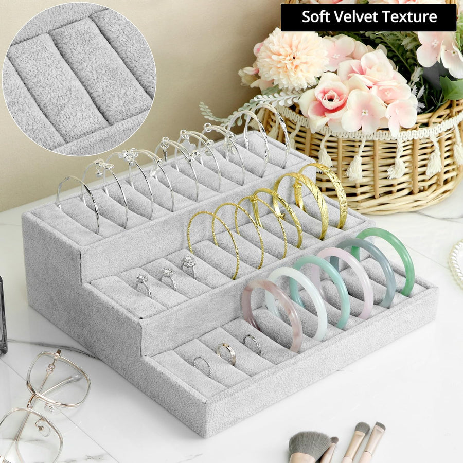 Bangle Display Tray - 27 Slot Showcase Organizer for Bangles, 10.43" x 9.45" x 3.54", 3 -Tier Bangle Organizer Display Bracelets Tray Holder with Velvet Inserts, Grey