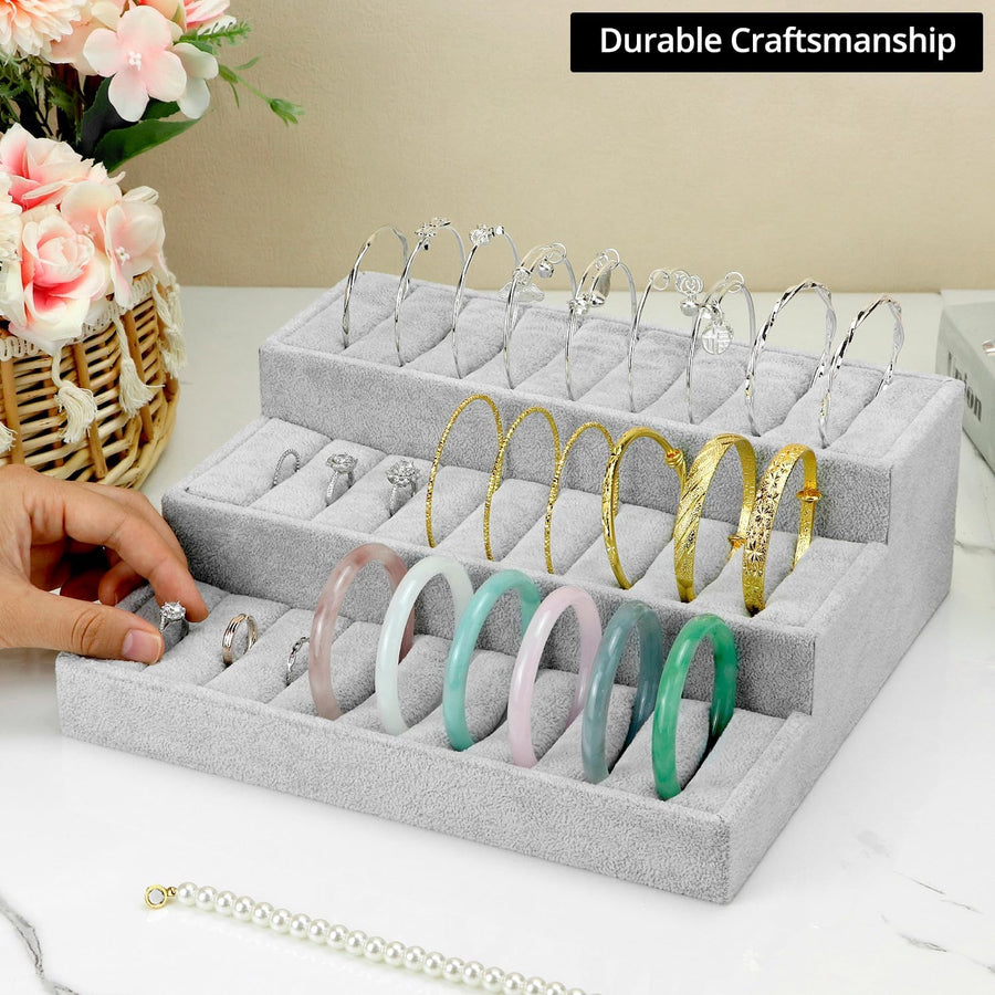 Bangle Display Tray - 27 Slot Showcase Organizer for Bangles, 10.43" x 9.45" x 3.54", 3 -Tier Bangle Organizer Display Bracelets Tray Holder with Velvet Inserts, Grey