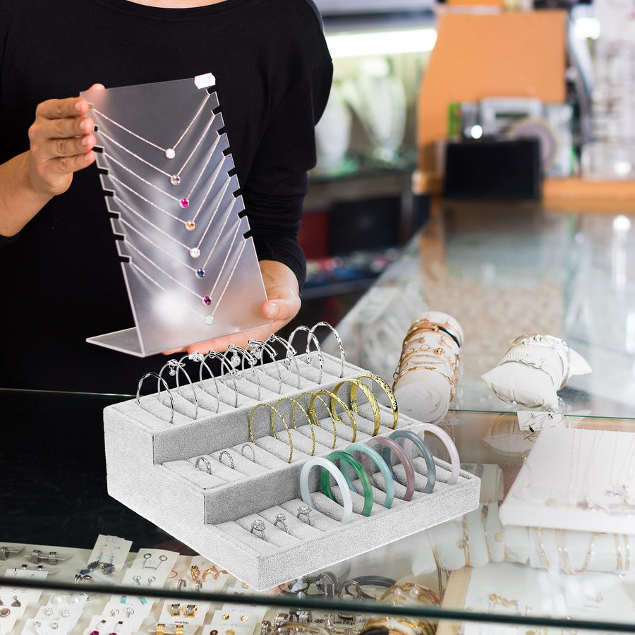 Bangle Display Tray - 27 Slot Showcase Organizer for Bangles, 10.43" x 9.45" x 3.54", 3 -Tier Bangle Organizer Display Bracelets Tray Holder with Velvet Inserts, Grey