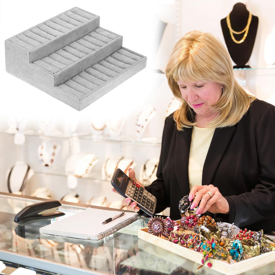 Bangle Display Tray - 27 Slot Showcase Organizer for Bangles, 10.43" x 9.45" x 3.54", 3 -Tier Bangle Organizer Display Bracelets Tray Holder with Velvet Inserts, Grey