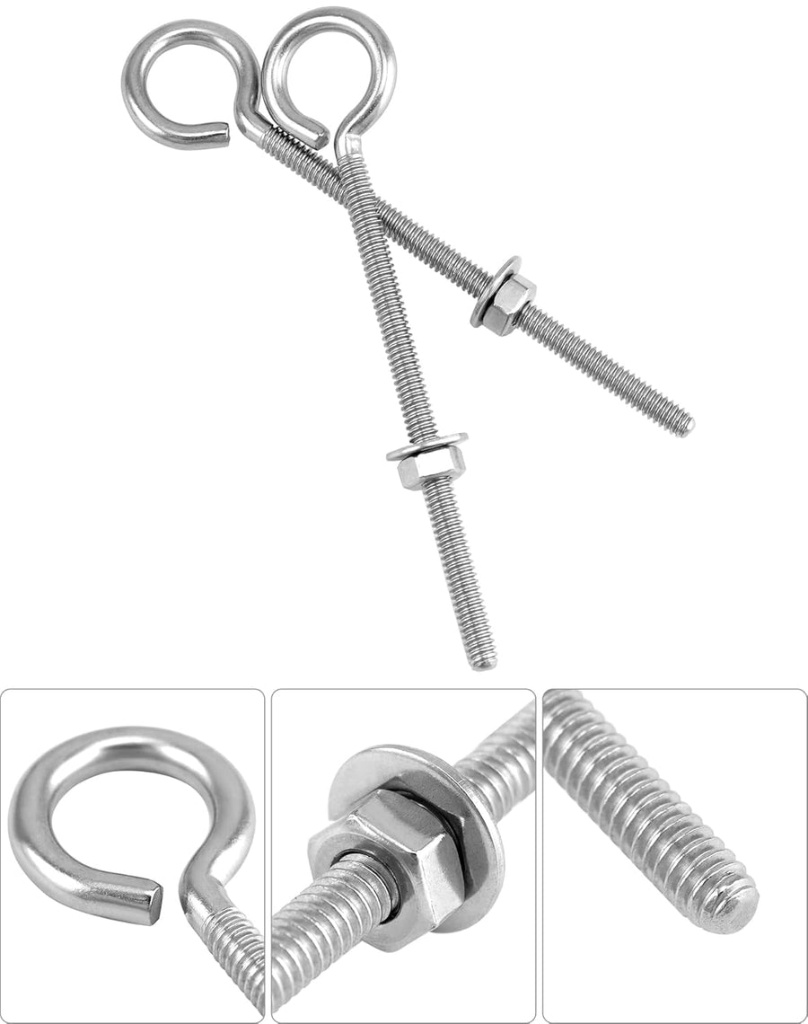Eye Bolts, 10 Pack 1/4" x 4" Stainless Steel Long Threaded Eyebolts with Nuts, for Hanging or Securing Cables