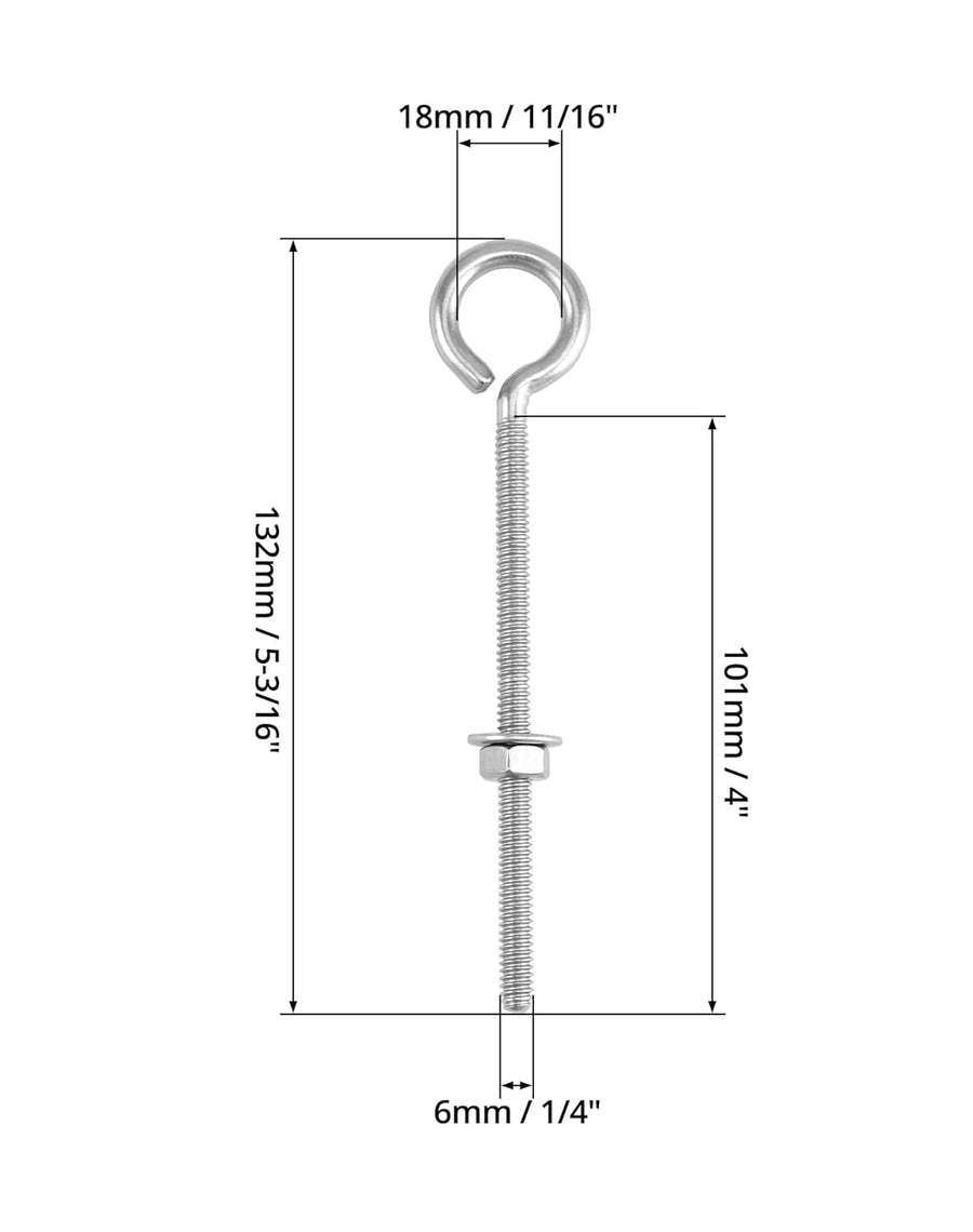 Eye Bolts, 10 Pack 1/4" x 4" Stainless Steel Long Threaded Eyebolts with Nuts, for Hanging or Securing Cables
