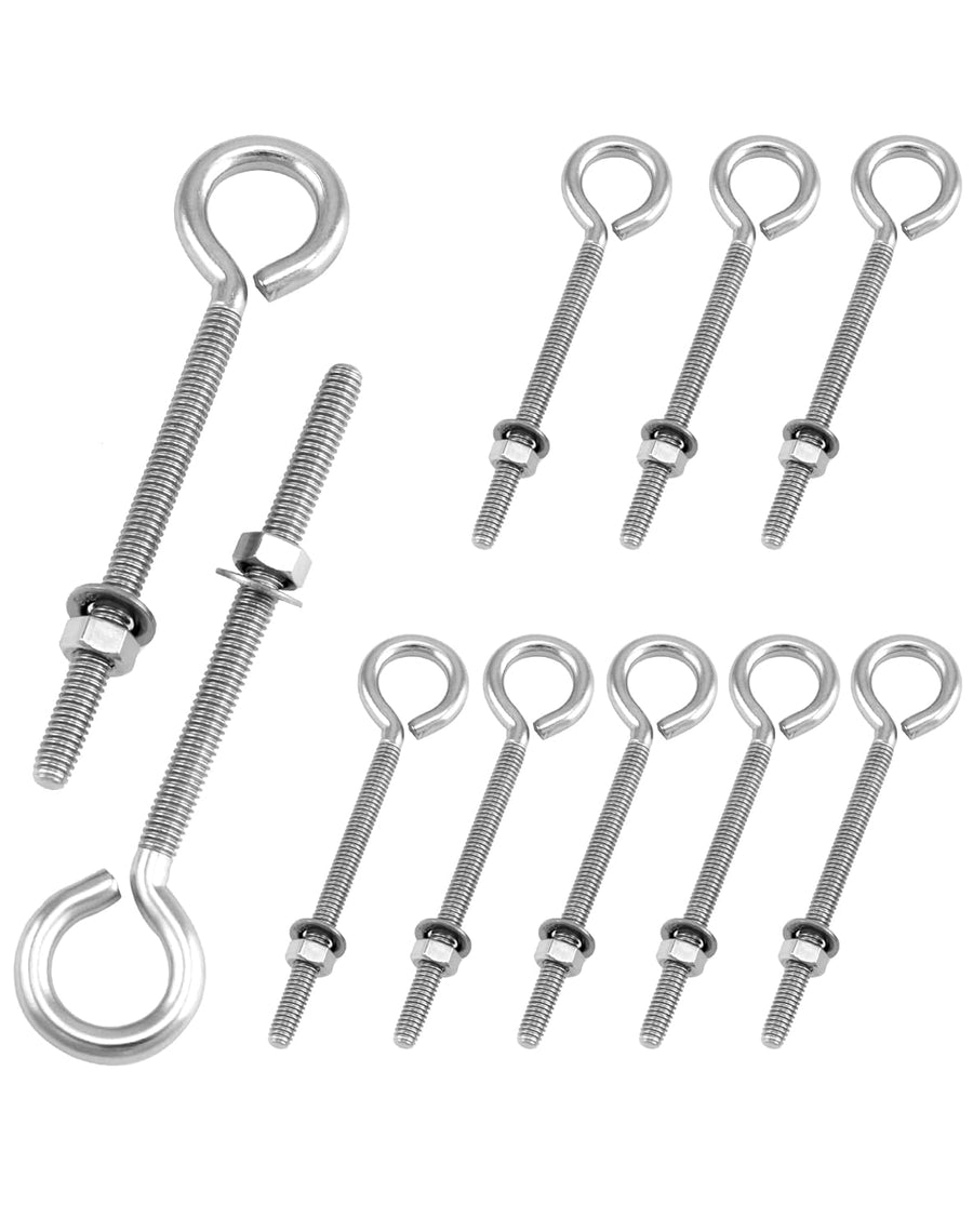 Eye Bolts, 10 Pack 1/4" x 4" Stainless Steel Long Threaded Eyebolts with Nuts, for Hanging or Securing Cables