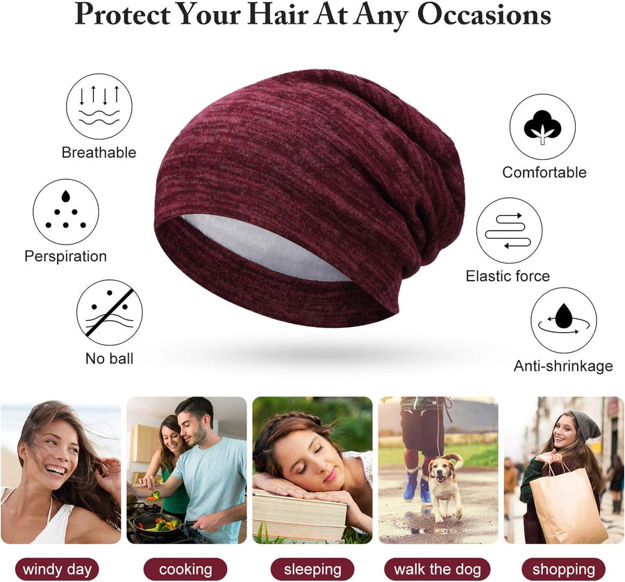 4 Pieces Satin Lined Beanie Cap Satin Sleep Lined Hat Slouchy Beanie Hat Night Silk Hair Cap for Women Men
