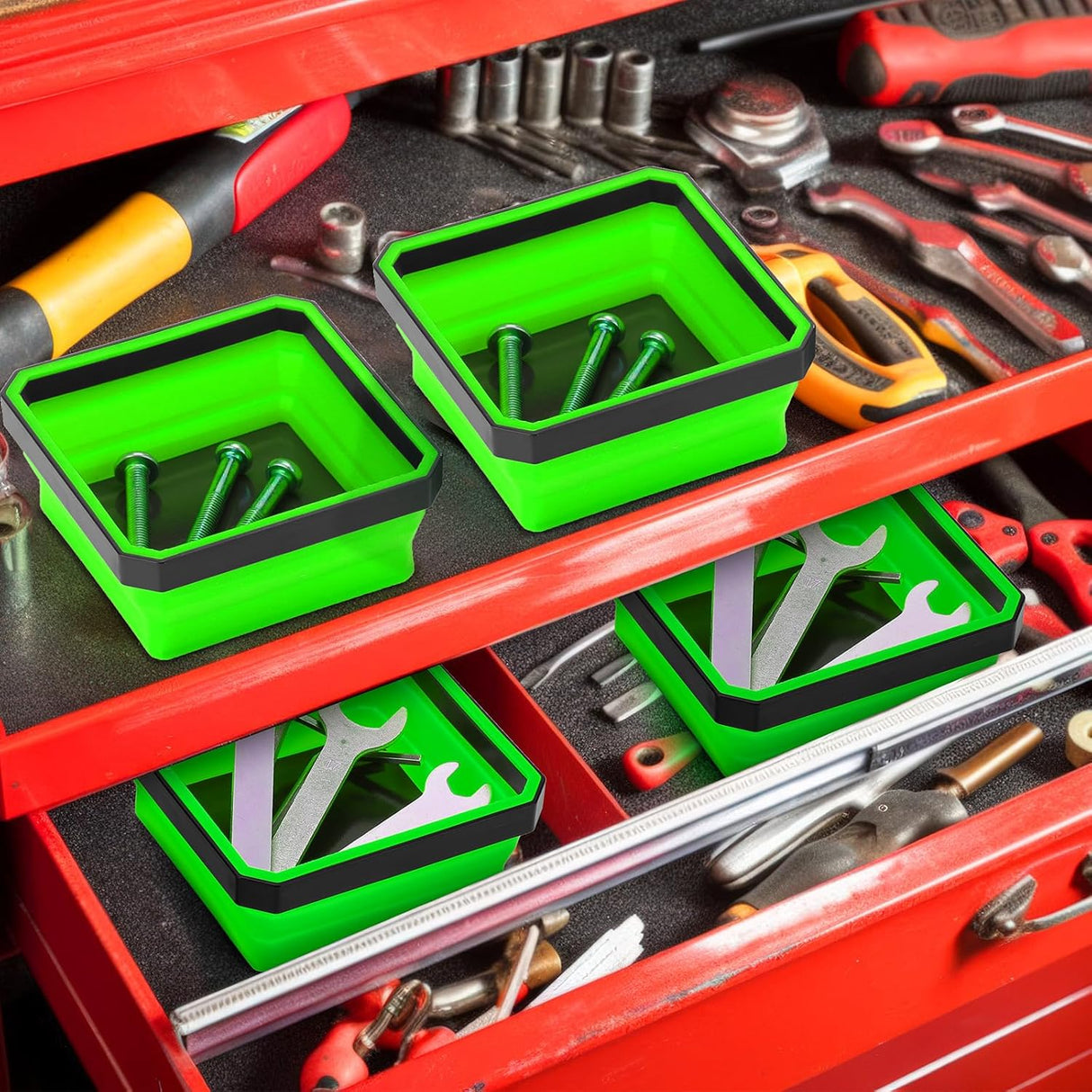 10 Pcs Magnetic Tool Tray Collapsible Foldable Parts Trays Set Magnetic Screw Tray Magnetic Parts Bowl Square Silicone Magnetic Tool for Bolts Nuts Washers Pins Screw Parts (Green)