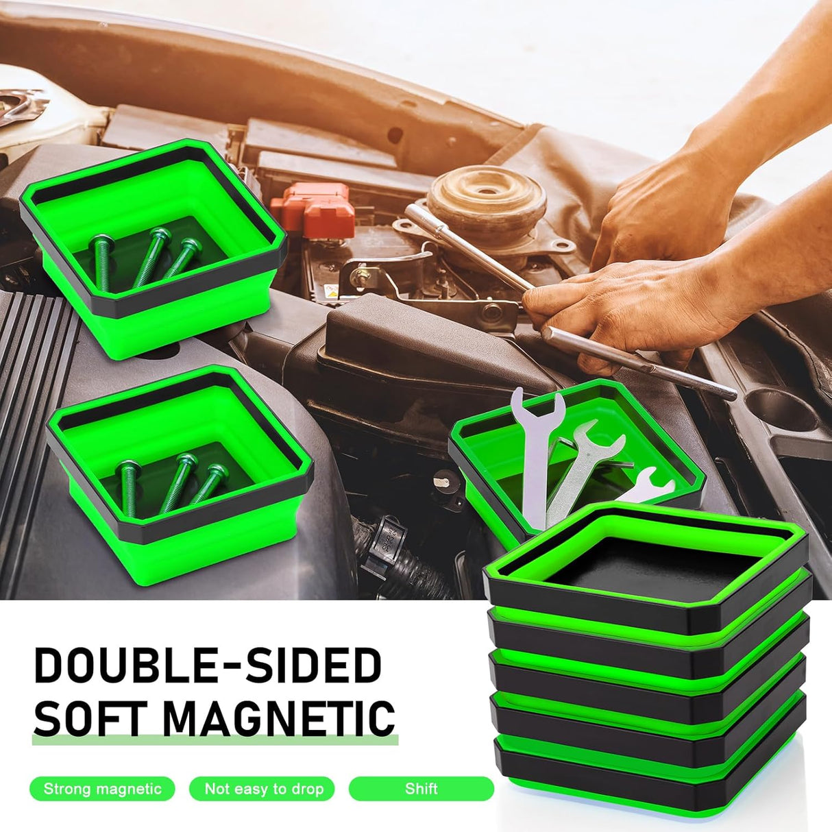 10 Pcs Magnetic Tool Tray Collapsible Foldable Parts Trays Set Magnetic Screw Tray Magnetic Parts Bowl Square Silicone Magnetic Tool for Bolts Nuts Washers Pins Screw Parts (Green)