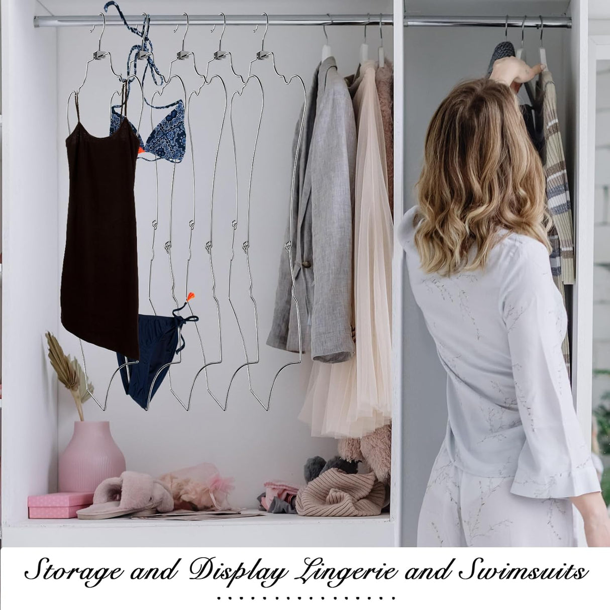 15 Pcs Foldable Body Shape Bikini Hangers Wire Swimsuit Hanger Metal Lingerie Organizer Bathing Suit Hangers Hanging Lingerie Display Rack with Swivel Hook for Closet Clothes Coat Show Silver