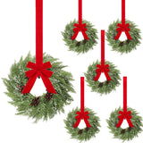 6 Pcs Small Christmas Norfolk Wreaths 15 Inch Christmas Kitchen Cabinet Mini Wreath with Bow Ribbon Cedar Berry for Xmas Front Door Window Chair Fireplace Table Pillar Farmhouse