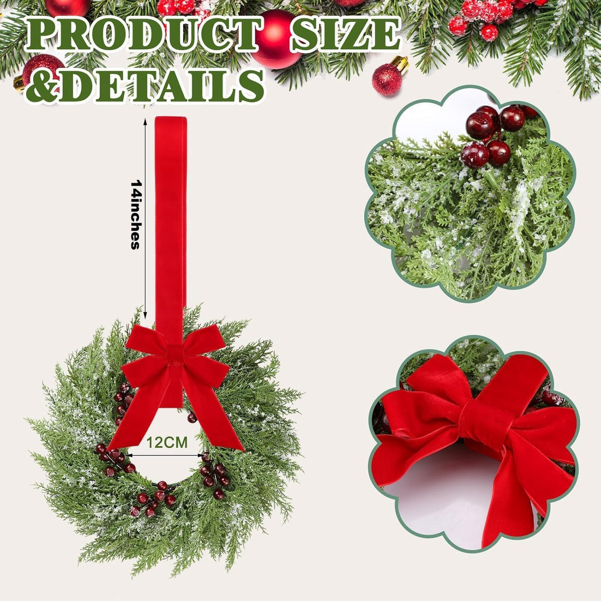 6 Pcs Small Christmas Norfolk Wreaths 15 Inch Christmas Kitchen Cabinet Mini Wreath with Bow Ribbon Cedar Berry for Xmas Front Door Window Chair Fireplace Table Pillar Farmhouse