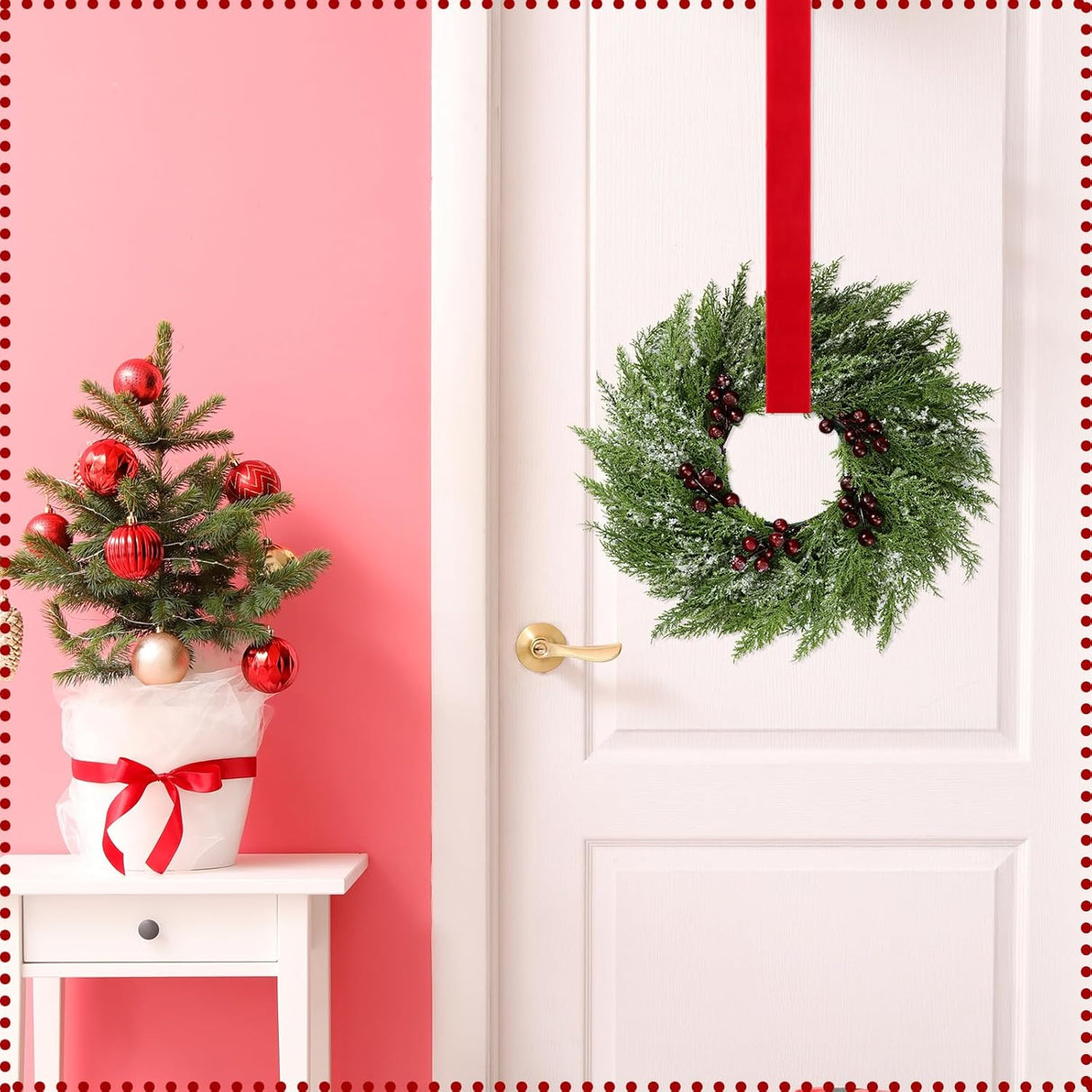 6 Pcs Small Christmas Norfolk Wreaths 15 Inch Christmas Kitchen Cabinet Mini Wreath with Bow Ribbon Cedar Berry for Xmas Front Door Window Chair Fireplace Table Pillar Farmhouse