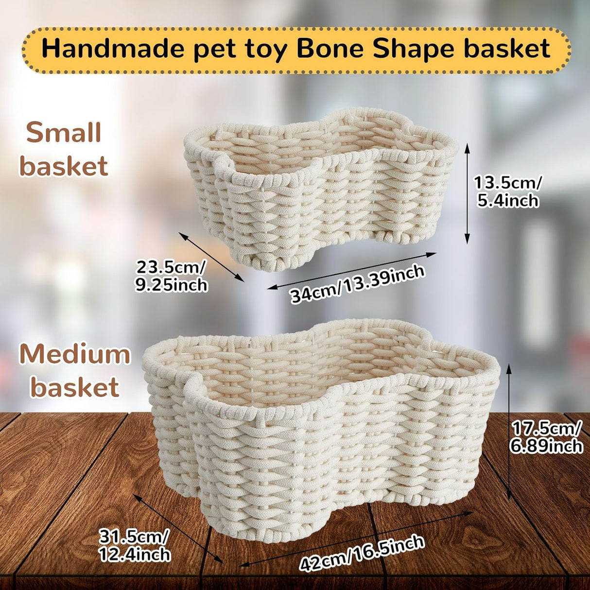 2 Pcs Dog Toy Basket Dog Toy Bin Bone Shaped Handmade Pet Organizer for Pet White Cotton Rope Basket (16.5 x 12.4 x 6.89 and 13.39 x 9.25 x 5.4)