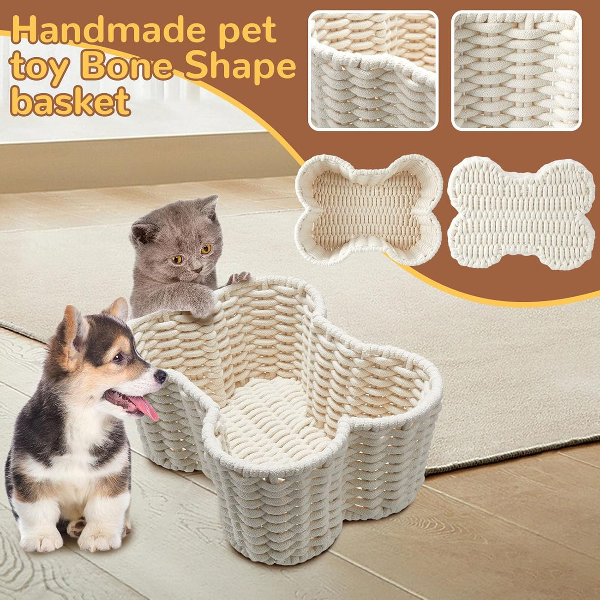2 Pcs Dog Toy Basket Dog Toy Bin Bone Shaped Handmade Pet Organizer for Pet White Cotton Rope Basket (16.5 x 12.4 x 6.89 and 13.39 x 9.25 x 5.4)