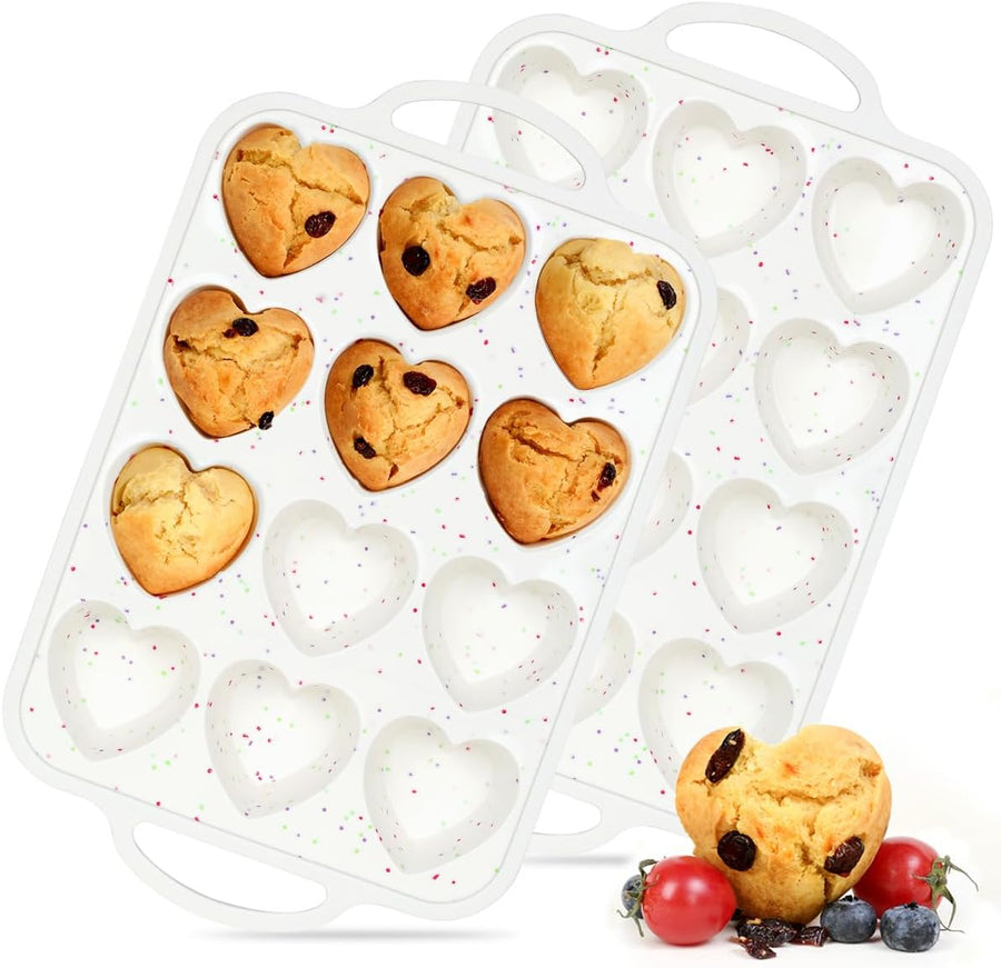 Heart Shaped Silicone Muffin Pan, Metal Reinforced Frame 12 Cups Silicone Molds for Valentine's Day Baking Muffins, Cupcakes, Tartlets, Egg Bites, Chocolate Muffin, Soaps 2 Pack