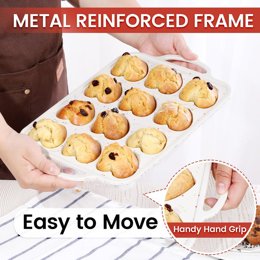 Heart Shaped Silicone Muffin Pan, Metal Reinforced Frame 12 Cups Silicone Molds for Valentine's Day Baking Muffins, Cupcakes, Tartlets, Egg Bites, Chocolate Muffin, Soaps 2 Pack