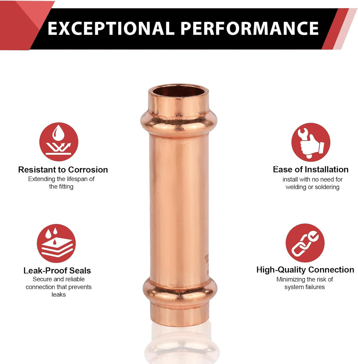 (Pack of 10)  1/2" x 1/2" Copper Press Fit Extended Coupling Fittings, No Stop,(PRESS028)