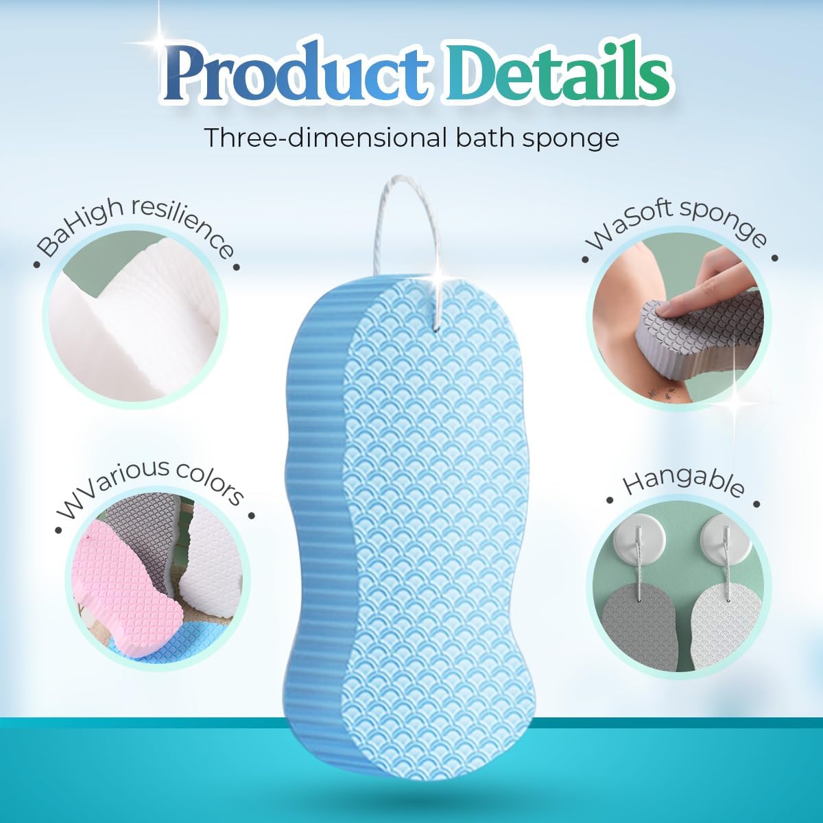 2026 New Magic Exfoliating Bath Sponge, Upgrade 3D Super Soft Exfoliating Bath Sponge Skin Friendly Reusable, Super Soft Exfoliating Bath Sponges (Blue)