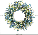 26 Inch Summer Spring Blue Ivory Lavender Flower Wreath for Front Door, Rustic and Farmhouse Wild Flowers Wreath for Inside and Outside, Coastal Blue Home Decorating - Top-Down View