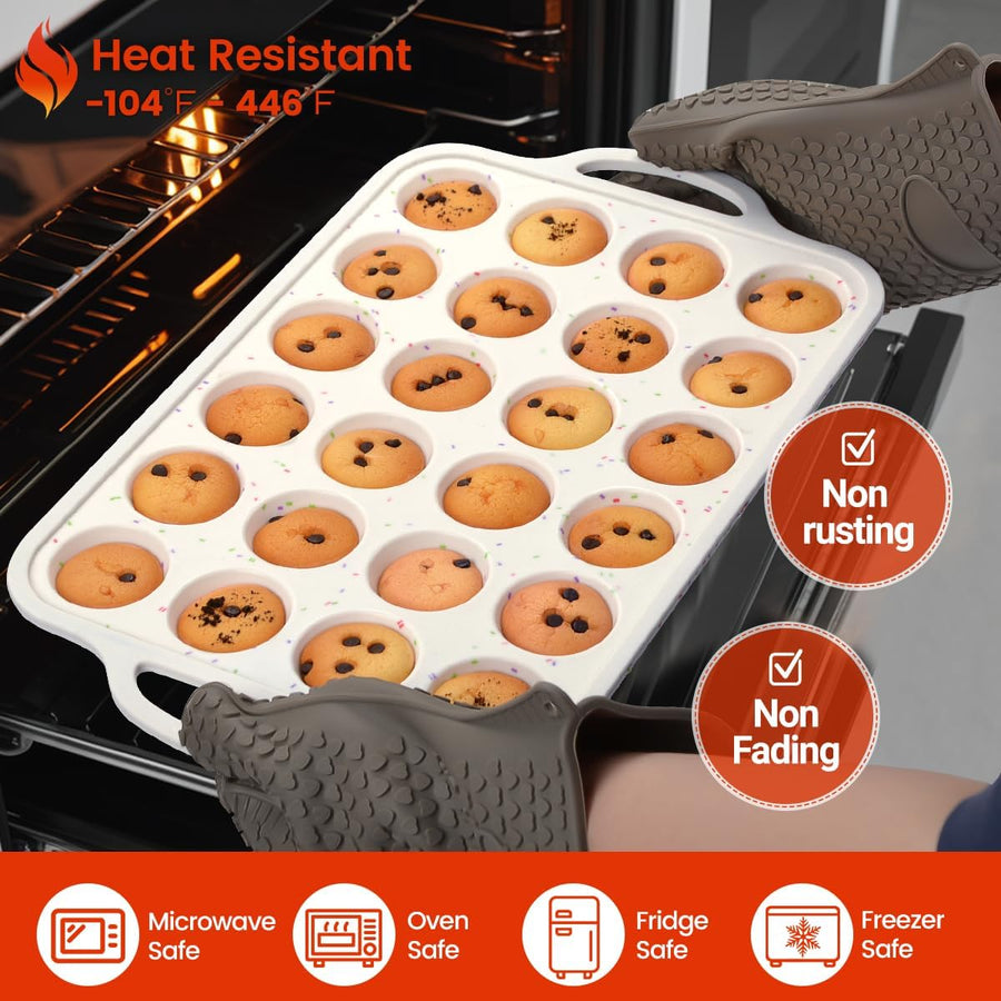 Mini Muffin Pan with Metal Reinforced Frame 24 Cups & Silicone Mini Loaf Pan 12 Cavities