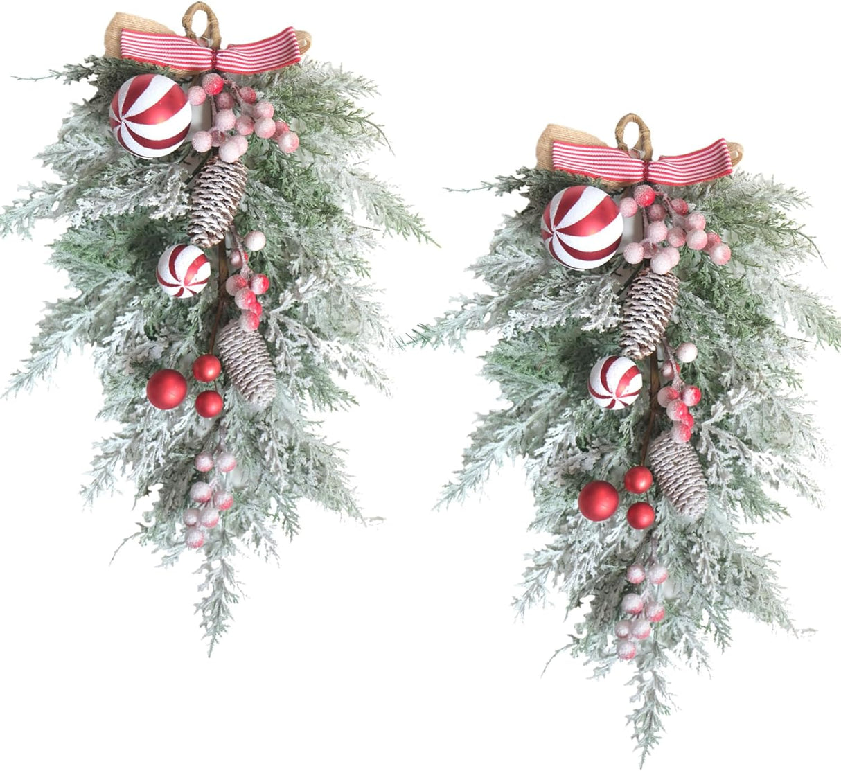 2 PCS 20” Christmas Candy Cane Frosted Pine Needle Teardrop Swag Wreath for Front Door, Xmas Swag with Red White Balls and Berries for Indoor Outdoor, Christmas Window Mailbox Decor Teardrop