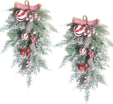 2 PCS 20” Christmas Candy Cane Frosted Pine Needle Teardrop Swag Wreath for Front Door, Xmas Swag with Red White Balls and Berries for Indoor Outdoor, Christmas Window Mailbox Decor Teardrop