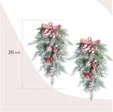 2 PCS 20” Christmas Candy Cane Frosted Pine Needle Teardrop Swag Wreath for Front Door, Xmas Swag with Red White Balls and Berries for Indoor Outdoor, Christmas Window Mailbox Decor Teardrop - Rear View