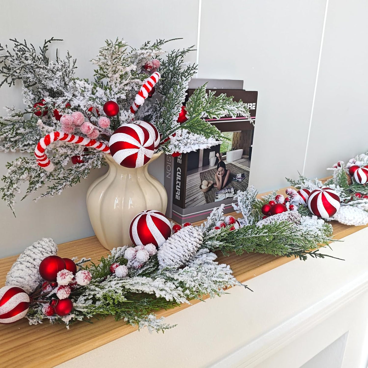 70 Inch Christmas Candy Cane Garland for Front Door, Winter Red White Xmas Holiday Garland for Indoor Outdoor, Christmas Frosted Garland with Berries and Pine Cones