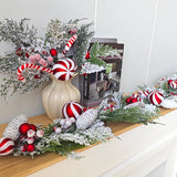 70 Inch Christmas Candy Cane Garland for Front Door, Winter Red White Xmas Holiday Garland for Indoor Outdoor, Christmas Frosted Garland with Berries and Pine Cones - Top-Down View