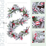 70 Inch Christmas Candy Cane Garland for Front Door, Winter Red White Xmas Holiday Garland for Indoor Outdoor, Christmas Frosted Garland with Berries and Pine Cones - Close-Up Angle