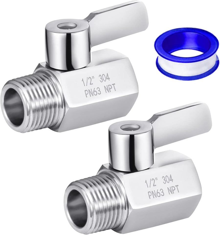 Shower Head Shut Off Valve, 304 Stainless Steel Mini Ball Valve NPT Thread(1/2" Male x 1/2"Female),Shower Head Flow Control Valve,Water Flow Control Valve （2 Pack）