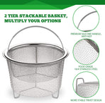 Steamer Basket for Instant Pot Accessories 6 qt or 8 quart - 2 Tier Stackable 18/8 Stainless Steel Mesh - Silicone Handle - Vegetable Steamer Insert, Egg Basket, Pasta Strainer,Silver
