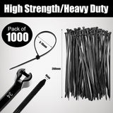 1000 Pcs Cable Zip Ties with Metal Tooth Stainless Steel Locking Device, 7 Inch Black Cable Ties, 45 Lbs Tensile Strength, UV Resistant Wire Wraps Multi Purpose for Industrial Indoor Outdoor Use - Front View