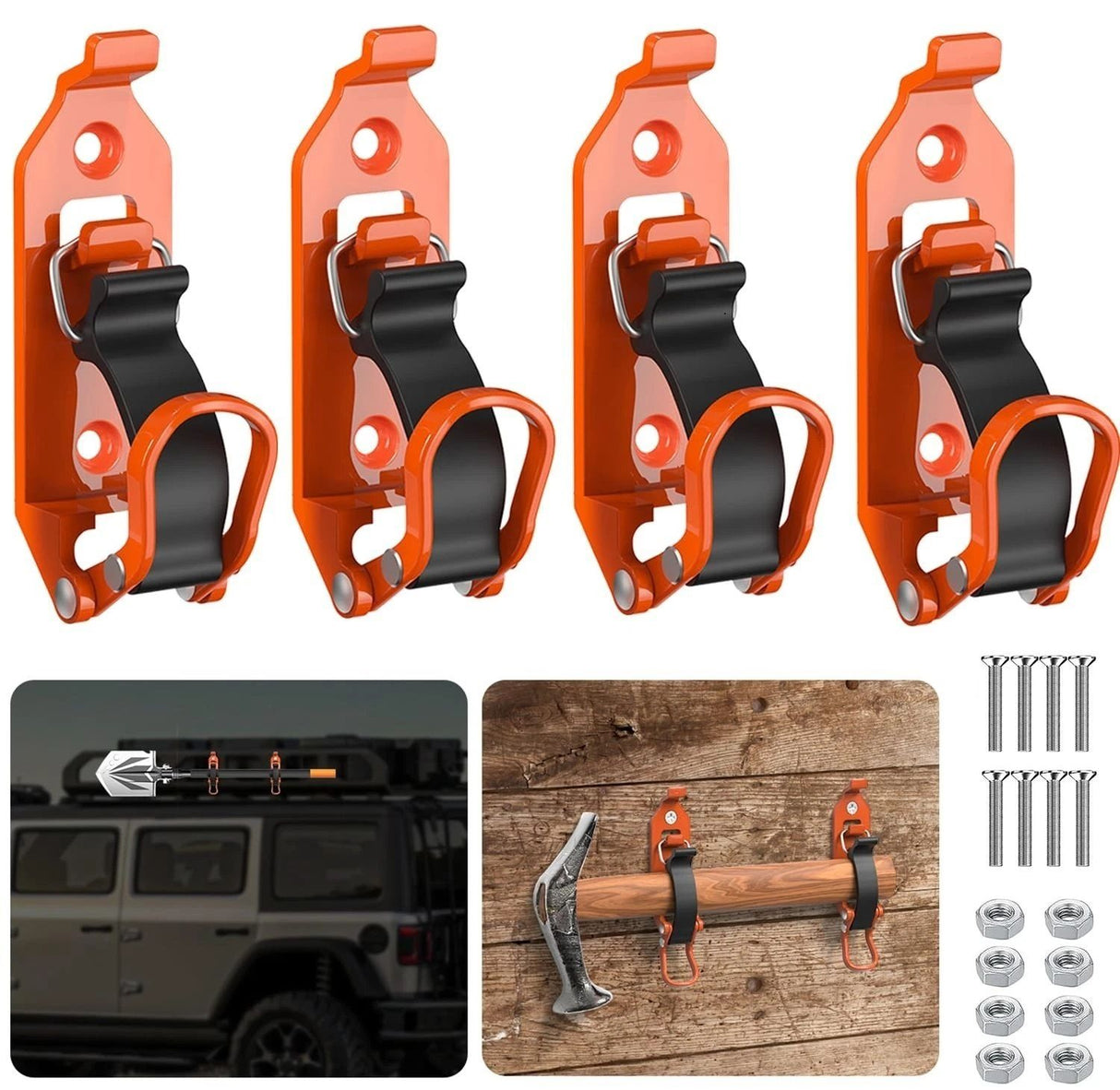 8 Pcs Shovel Holder, Heavy Duty Shovel Mounts for Roof Rack, Quick Release Axe Holder Mount Kit, Metal and Rubber Car Accessories Garage Storage Wall Mounting Brackets Truck