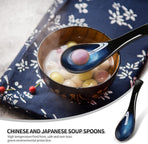 4 Pieces Asian Ceramic Soup Spoons Set Long Handle Chinese Spoons Retro Blue Japanese Ramen Bowl Soup Spoon Suitable for Gravy, Cake, Oatmeal, Dumplings