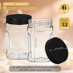 6 Pcs Square Clear Plastic Jars with Pinch Handle Plastic Storage Container with Screw-on Lids Reusable Wide Mouth Canisters for Dry Good Peanut Cookies Candy (32 oz,Black Lids)