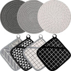 7 Pieces Square Pot Holders Washable Heat Resistant Pocket Mitt with Hanging Loop and Round Thread Weave Coaster Braided Drink Hot Pad Absorbent Woven Coaster for Kitchen Cooking Dinning